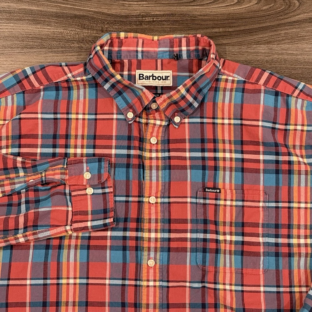 Barbour Tailor Fit Plaid Blue Red Pink Long Sleeve Button Down XXL Shirt